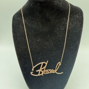 Simone I. Smith “Blessed” Script Necklace Gold Tone Crystal Accent